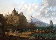 Adriaen Coorte, A  mediterranean harbour scene with numerous figures on a que beneath a fort